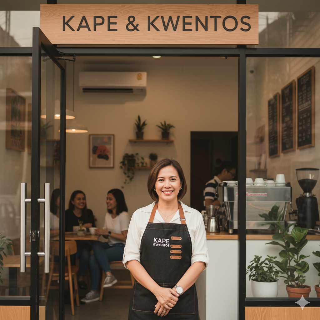 A small business owner proudly standing in her shop