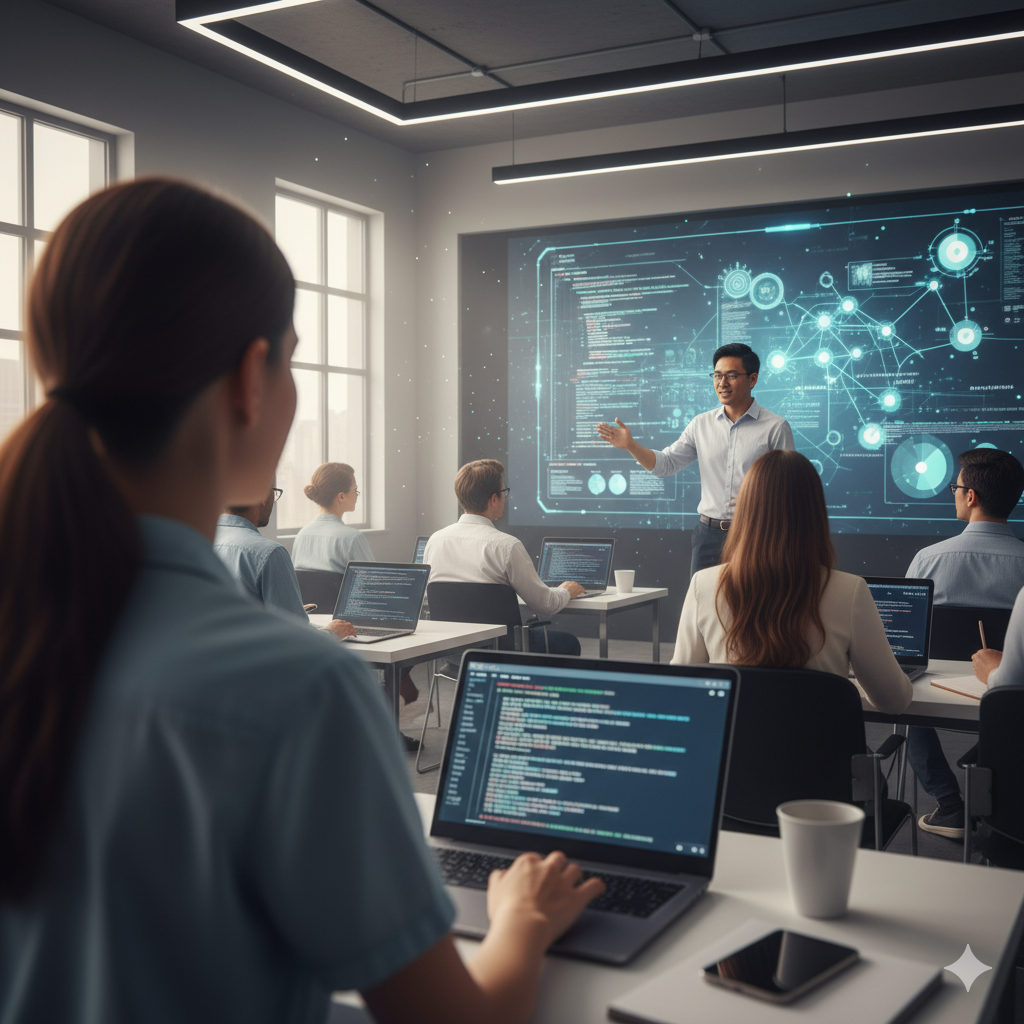 A workshop where people are learning on their laptops